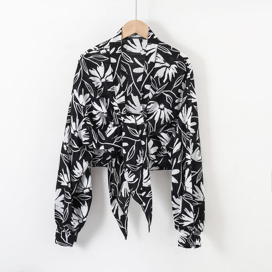 Damen nan florale Knoten-Bluse im Wickelstil mit Ballonärmeln und leichter Leinenoptik EB