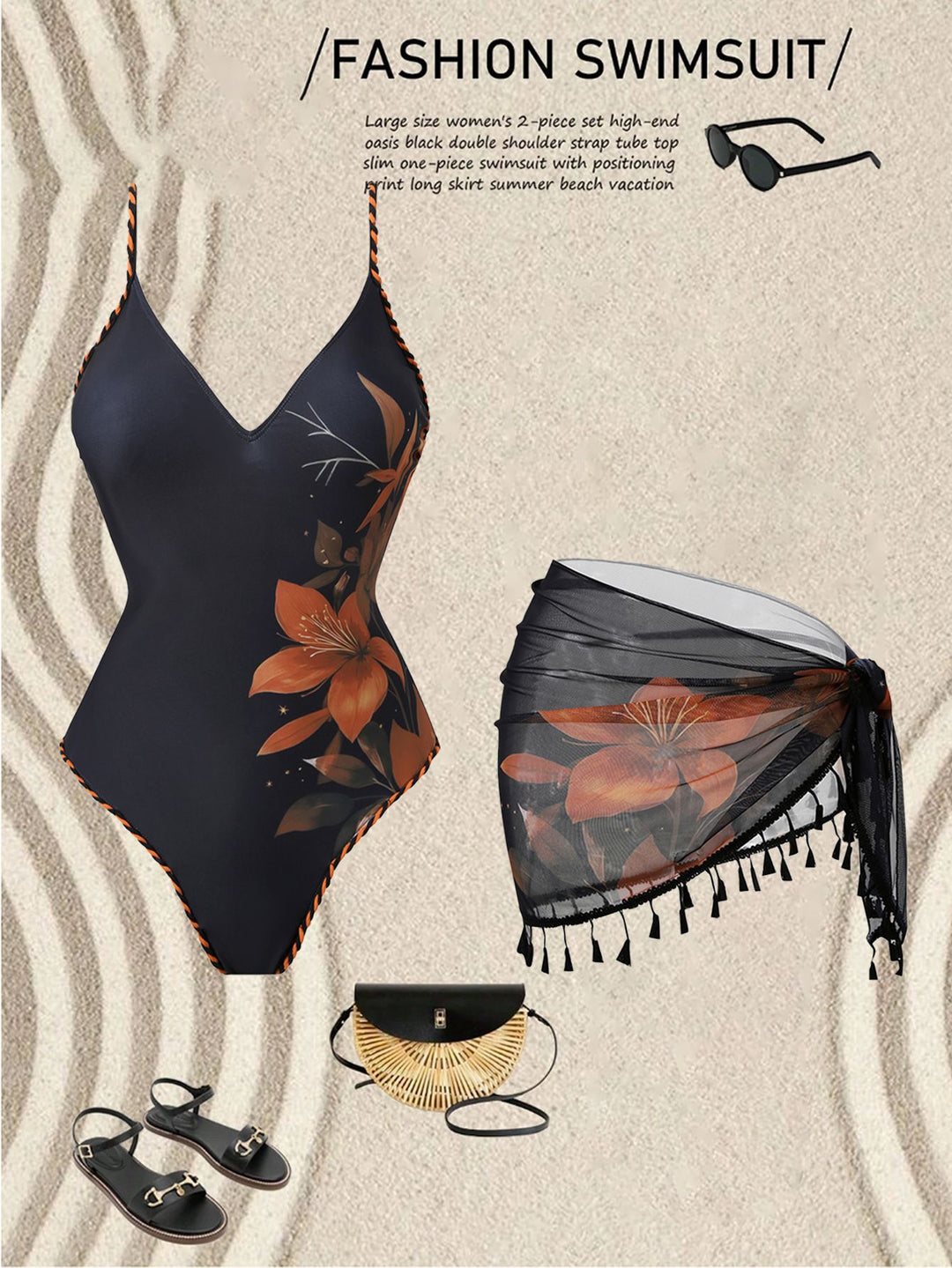 Damen Mode-Badeanzug mit floralem Design und transparentem Wickelrock EB