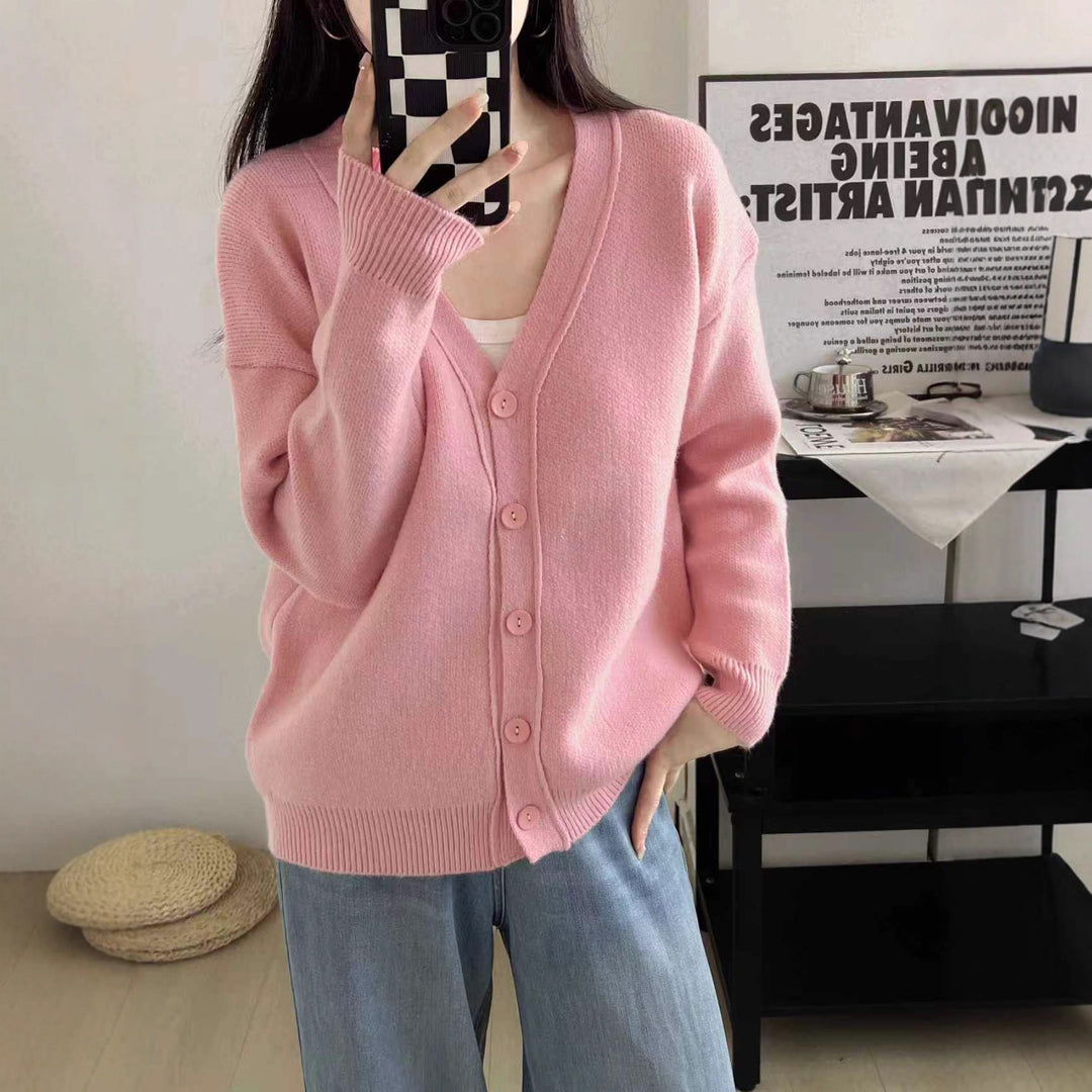 Damen Grob gestrickter Cardigan mit tiefem V-Ausschnitt und großen Knopfdetails EB