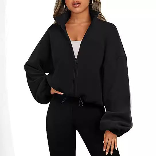 Damen Oversized Sweatjacke mit halbem Reißverschluss und Kordelzug EB