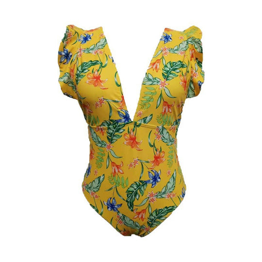 Damen Eleganter Einteiler Badeanzug mit Blumenmuster und voluminösen Ärmeln EB