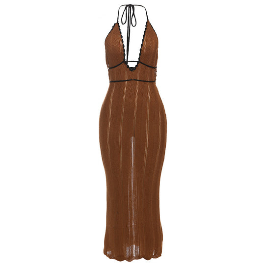 Damen Strick Maxikleid mit tiefem V-Ausschnitt und Bindebändern EB