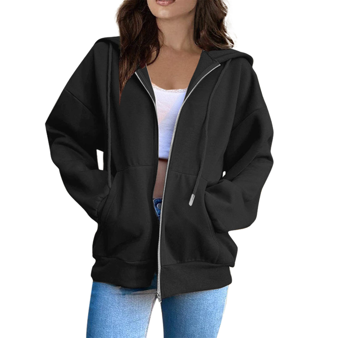 Damen nan lässige Kapuzenjacke mit durchgehendem Reißverschluss, Kängurutaschen und voluminösen Raglanärmeln EB