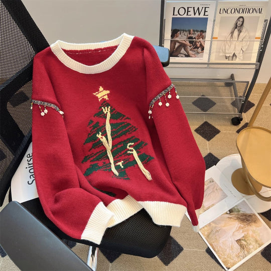 Damen festlicher Strickpullover mit Tannenbaum-Motiv und verspielten Akzenten EB