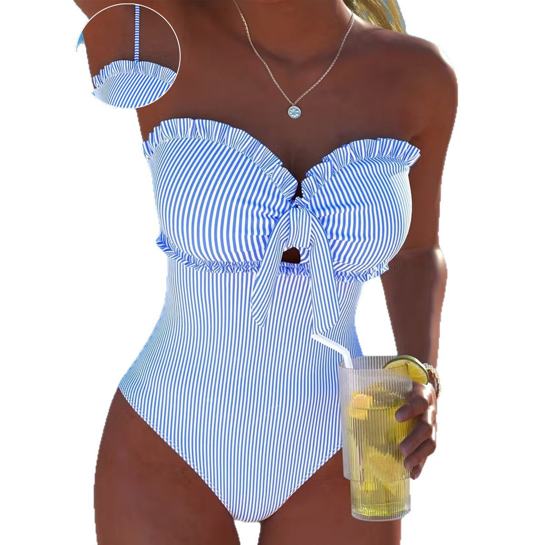 Damen Einteiliger Badeanzug mit Rüschen und Wickel-Design EB