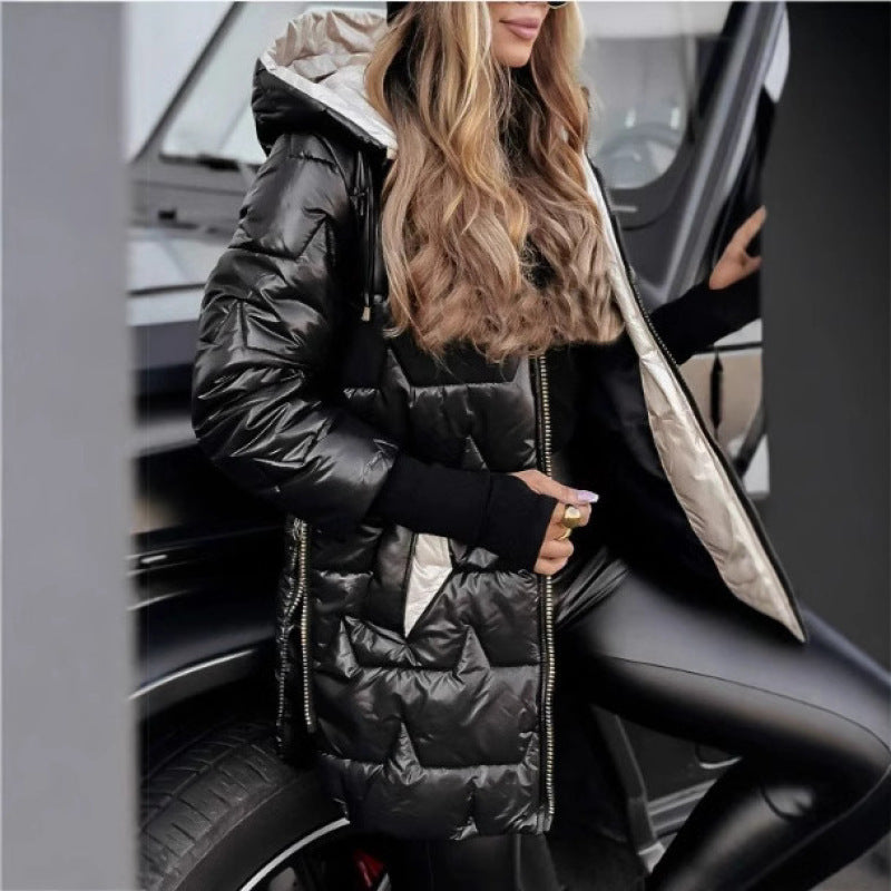 Damen lange, gefütterte Winterjacke mit Kapuze EB