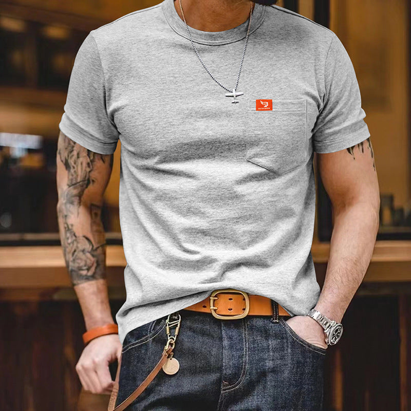 Herren klassisches Kurzarm T-Shirt mit Brusttasche aus hochwertiger Baumwolle EB