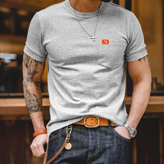 Herren klassisches Kurzarm T-Shirt mit Brusttasche aus hochwertiger Baumwolle EB