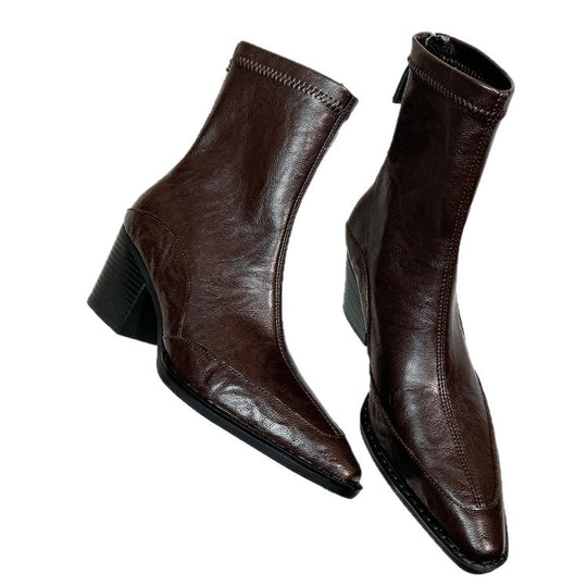 Damen elegante Ankle Boots mit robustem Blockabsatz und spitz zulaufender Zehenpartie EB