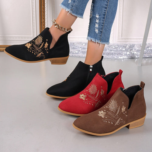 Damen Stiefeletten mit floralem Stickdesign und seitlichem Reißverschluss EB