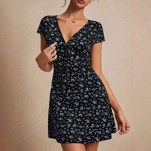Damen Kurzarm Kleid mit blumigem Schnitt und Wickeldetails EB