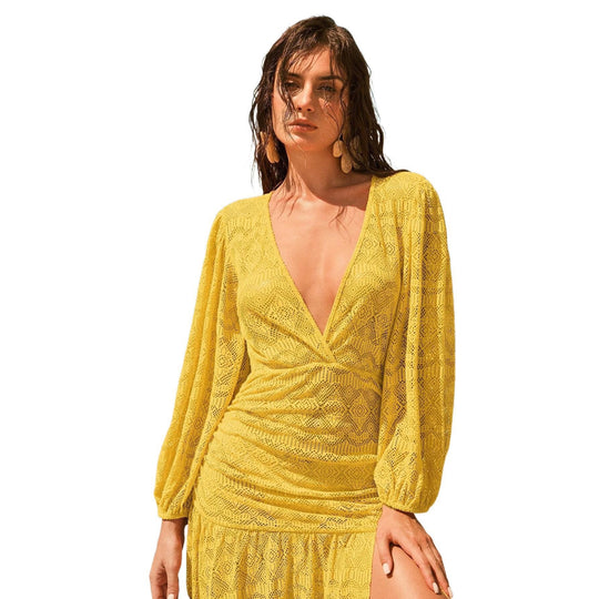 Damen Maxikleid mit tiefem V-Ausschnitt und weitem Ärmel EB