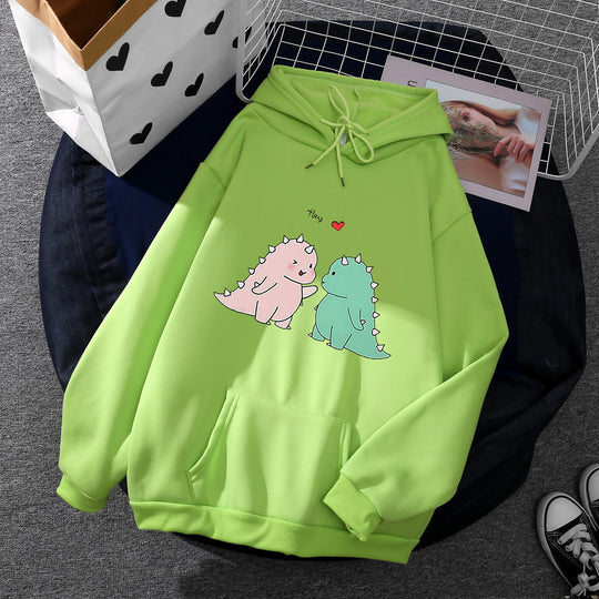 Damen nan Kapuzenpullover mit niedlicher Dinosaurierpärchen‑Illustration, Oversize‑Schnitt und Kängurutasche EB
