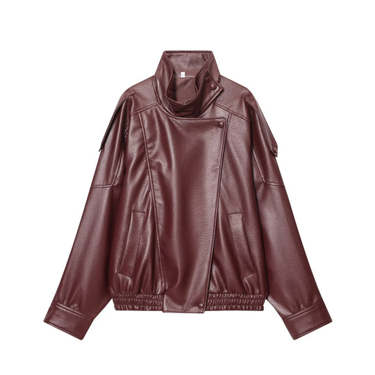 Damen nan Kunstleder-Bomberjacke mit hohem Stehkragen, asymmetrischer Druckknopfleiste und elastischem Saum EB