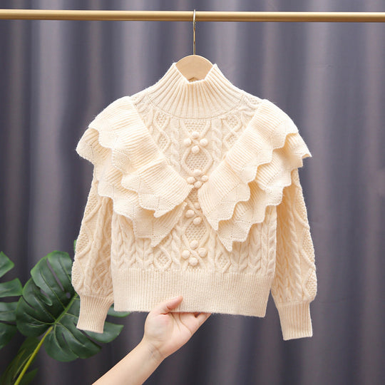 Damen Strickpullover mit Rüschen und Zopfmuster EB