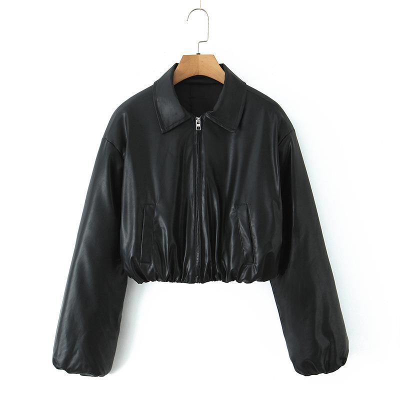 Damen cropped Kunstlederjacke mit praktischen Taschen und Gummibund EB