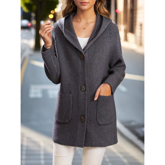 Damen nan lange gerippte Kapuzen-Strickjacke mit aufgesetzten Taschen und markanten Knöpfen EB