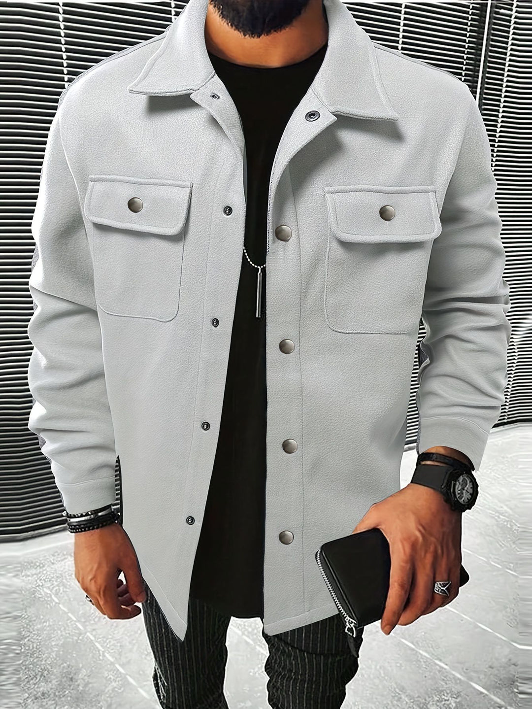 Herren nan Hemdenjacke aus Wollmix mit Druckknöpfen und Pattentaschen EB