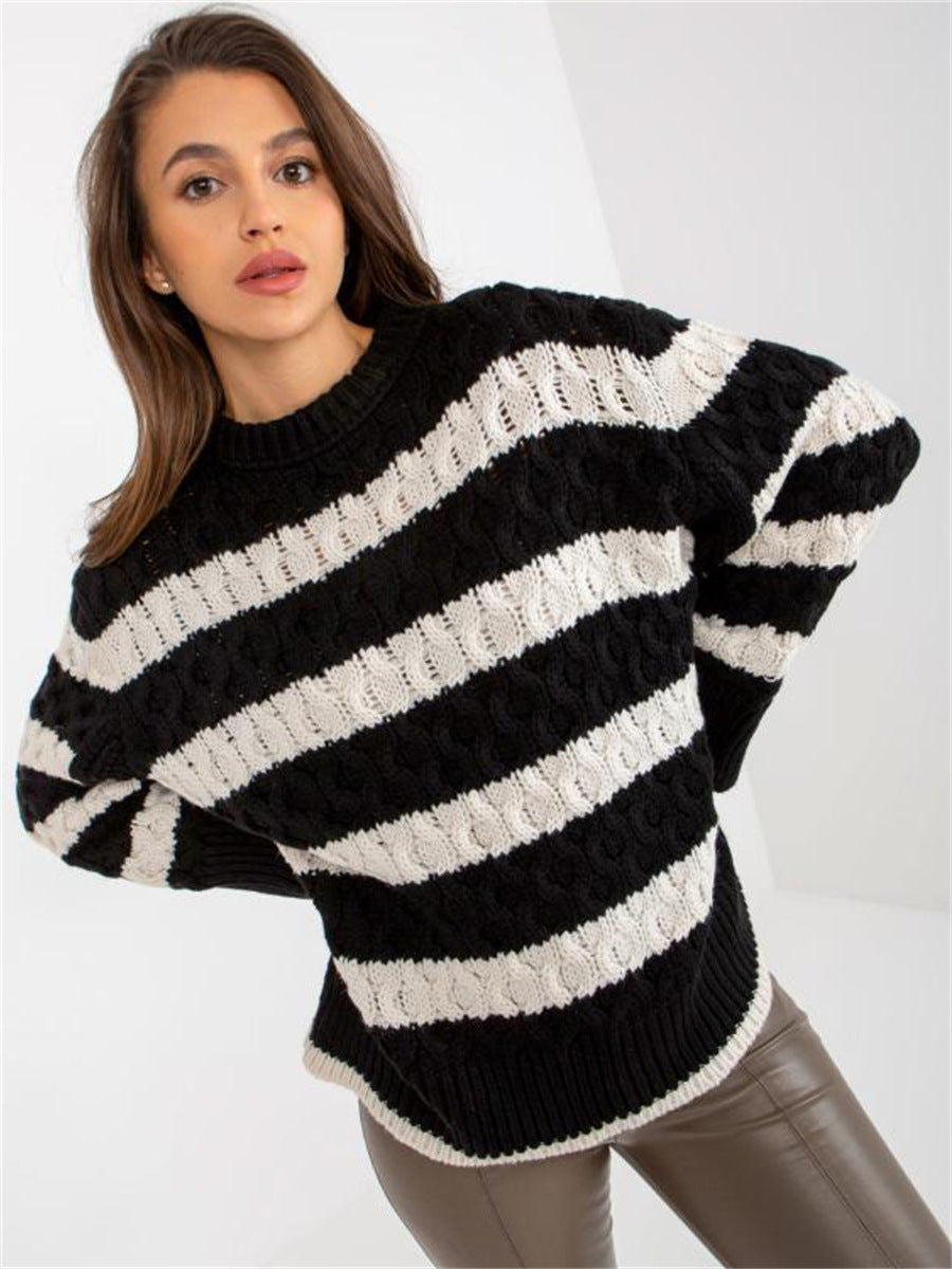 Damen Grobstrickpullover mit modischem Streifenmuster und voluminösen Ärmeln EB