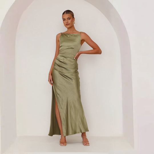 Damen schickes Maxikleid mit elegantem Schlitz und luxuriösem Satin-Finish EB