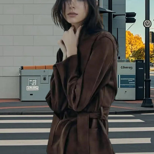 Damen modische Kunstlederjacke mit Taillengürtel und praktischen Taschen EB