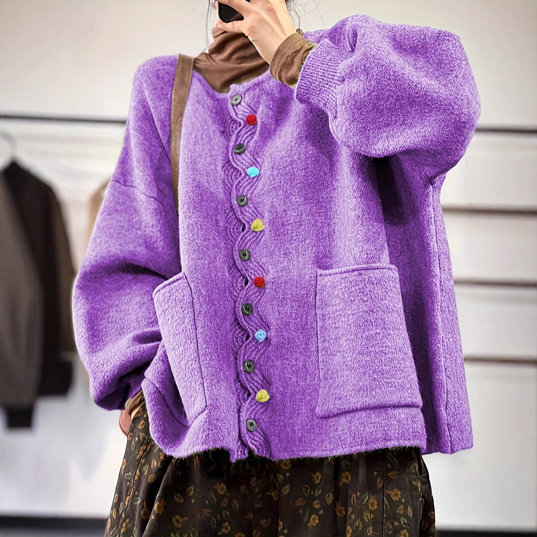 Damen Oversized Strickcardigan mit Zierknopfleiste und aufgesetzten Taschen EB