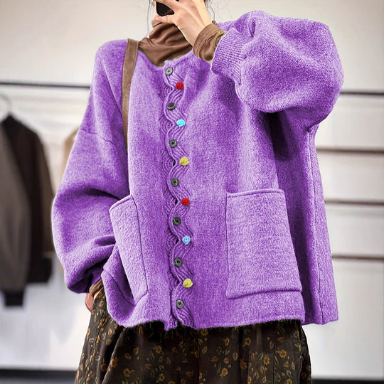 Damen Oversized Strickcardigan mit Zierknopfleiste und aufgesetzten Taschen EB