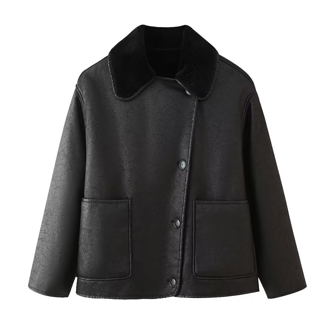 Damen Kunstlederjacke mit luxuriösem Fellkragen und praktischen Taschen EB