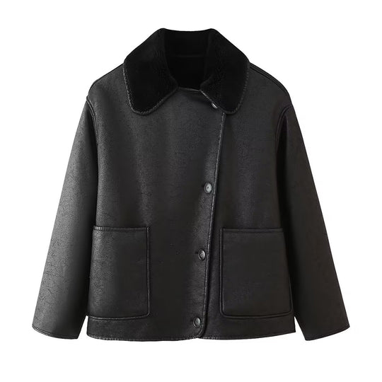 Damen Kunstlederjacke mit luxuriösem Fellkragen und praktischen Taschen EB