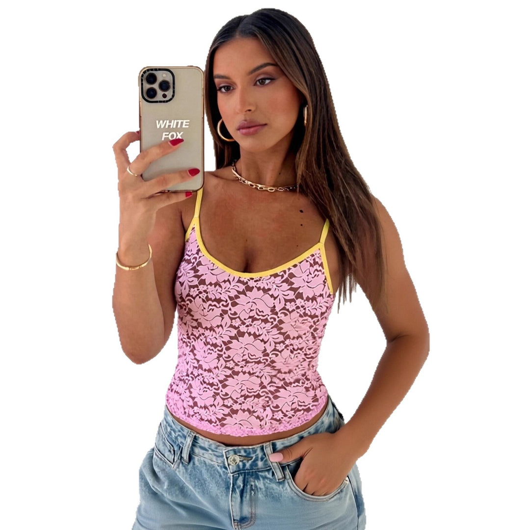 Damen Spitzen-Crop-Top mit kontrastierendem Saum EB