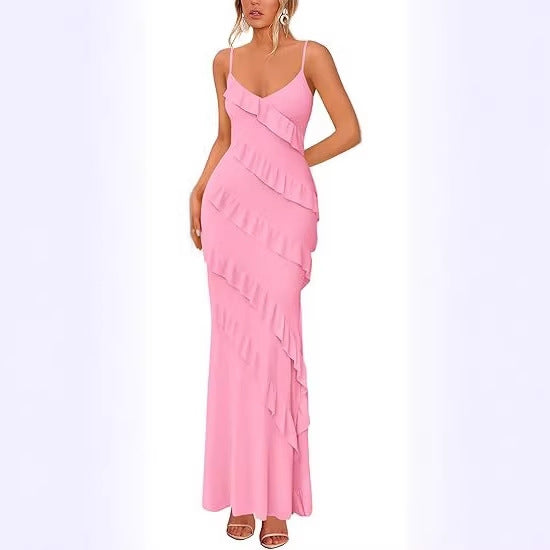 Damen Maxikleid mit Rüschen und Spaghettiträgern EB