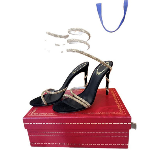 Damen elegante Sandalen mit filigranen Riemen und funkelndem Detail EB