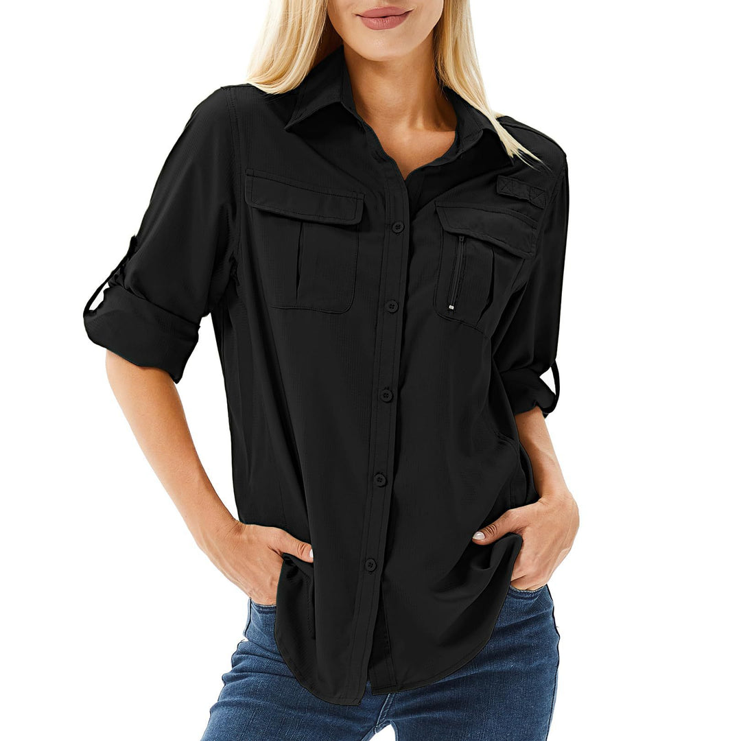 Damen lässige Bluse mit praktischen Taschen und umschlagbaren Ärmeln EB