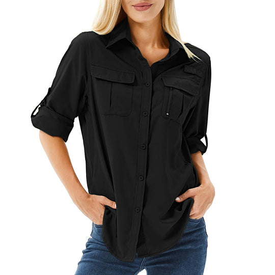 Damen lässige Bluse mit praktischen Taschen und umschlagbaren Ärmeln EB