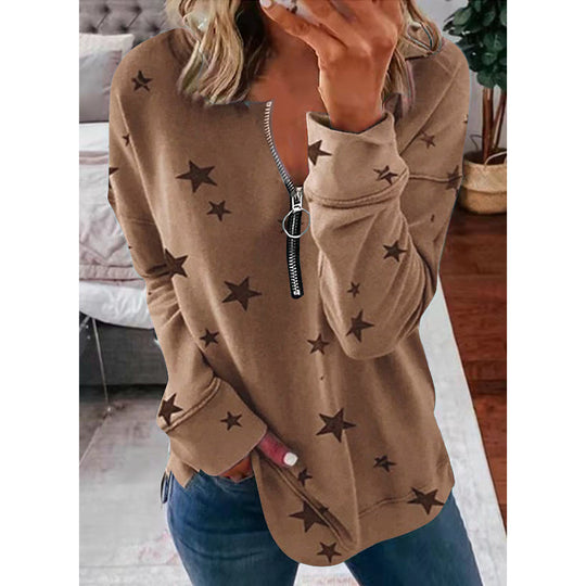 Damen Lässiger Sweatshirt mit Reißverschluss und Sternenmotiv EB