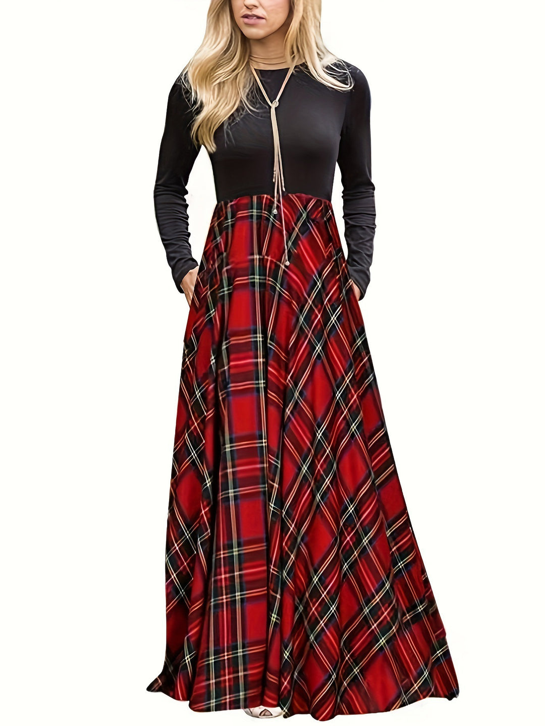 Damen Maxikleid mit modernem Karomuster und langen Ärmeln EB