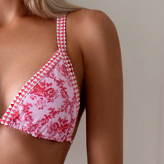 Damen Triangel-Bikini mit romantischem floralen Design und dekorativen Trägern EB