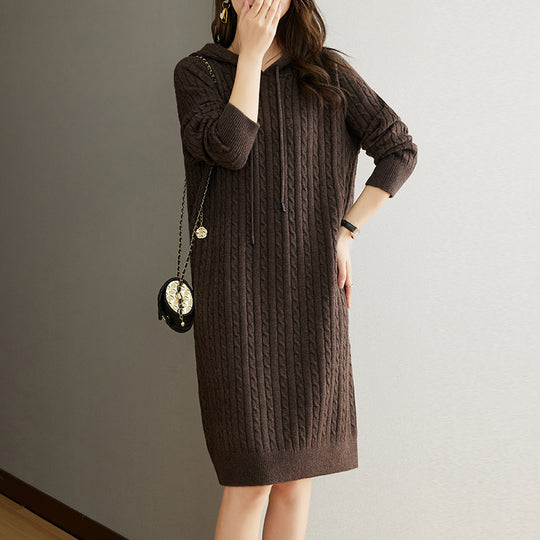 Damen Strick-Hoodie-Kleid mit Kordelzug EB