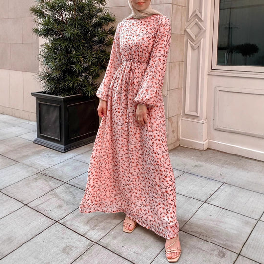 Damen Geblümtes Maxikleid mit Kordel-Taille und Ballonärmeln EB