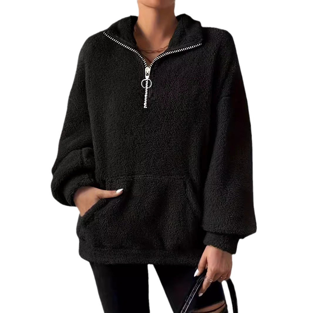 Damen kuscheliger Fleece-Pullover mit halbem Reißverschluss und Seitentaschen EB