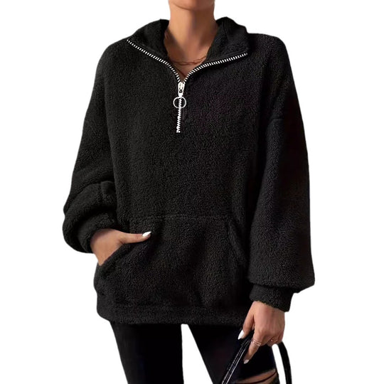 Damen kuscheliger Fleece-Pullover mit halbem Reißverschluss und Seitentaschen EB