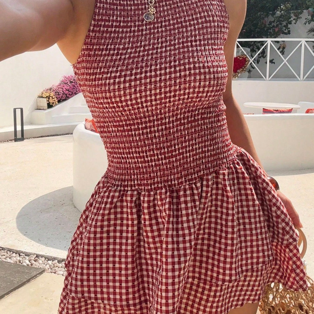 Damen ärmelloses Mini-Dress mit Karomuster und elastischem Bund EB