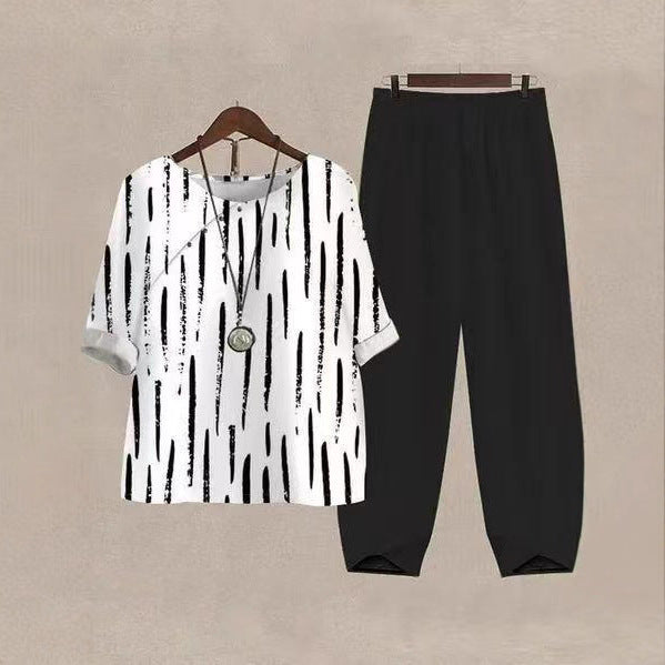 Damen nan weites Shirt mit Pinselstrichmuster, überschnittener Schulter und elastischer Komforthose mit Gummizug EB