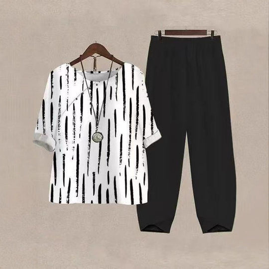 Damen nan weites Shirt mit Pinselstrichmuster, überschnittener Schulter und elastischer Komforthose mit Gummizug EB
