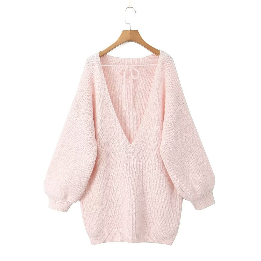 Damen modischer V-Ausschnitt Pullover mit puffärmeligen Details EB