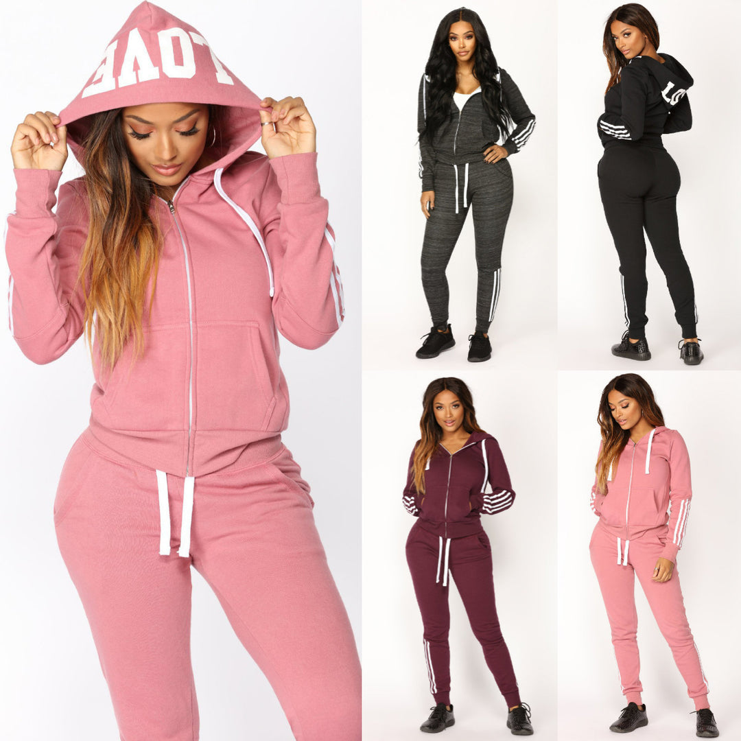 Damen sportliches Zip-Hoodie und Slim-Jogger-Set aus French-Terry mit kontrastierenden Streifen Eichborn Berlin