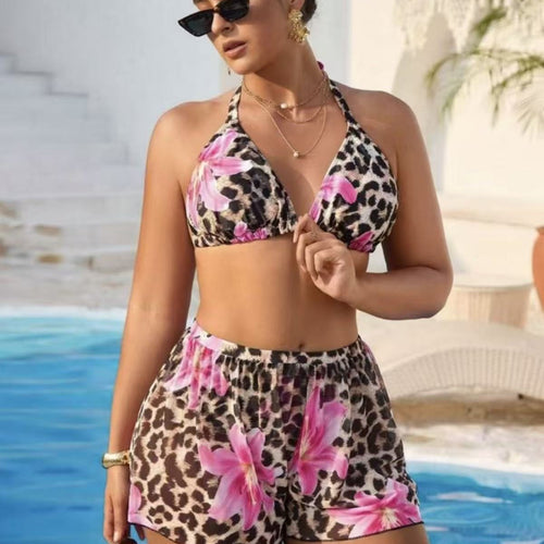 Damen Bikini-Set mit modischem Tiermuster und hoch taillierten Shorts EB