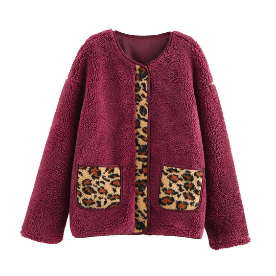 Damen kuschelige Teddyjacke mit tierischem Muster und praktischen Pattentaschen EB