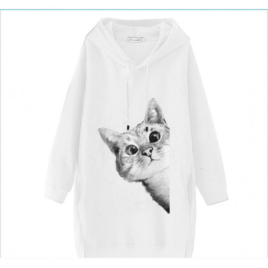 Damen Oversize Kapuzenkleid aus Sweat mit großem Katzenprint und Seitentaschen EB