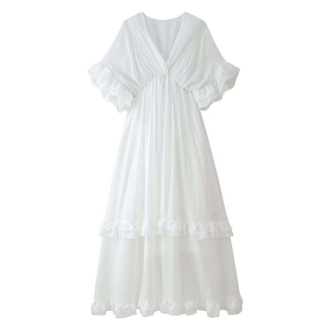 Damen Maxikleid mit voluminösen Rüschendetails und elegantem V-Ausschnitt EB